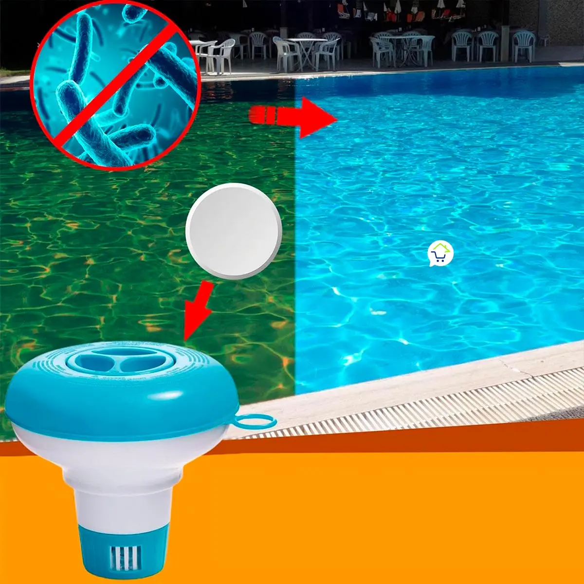 Set x2 dispensador de cloro flotante portable para piscinas con tabletas y sin bacterias.