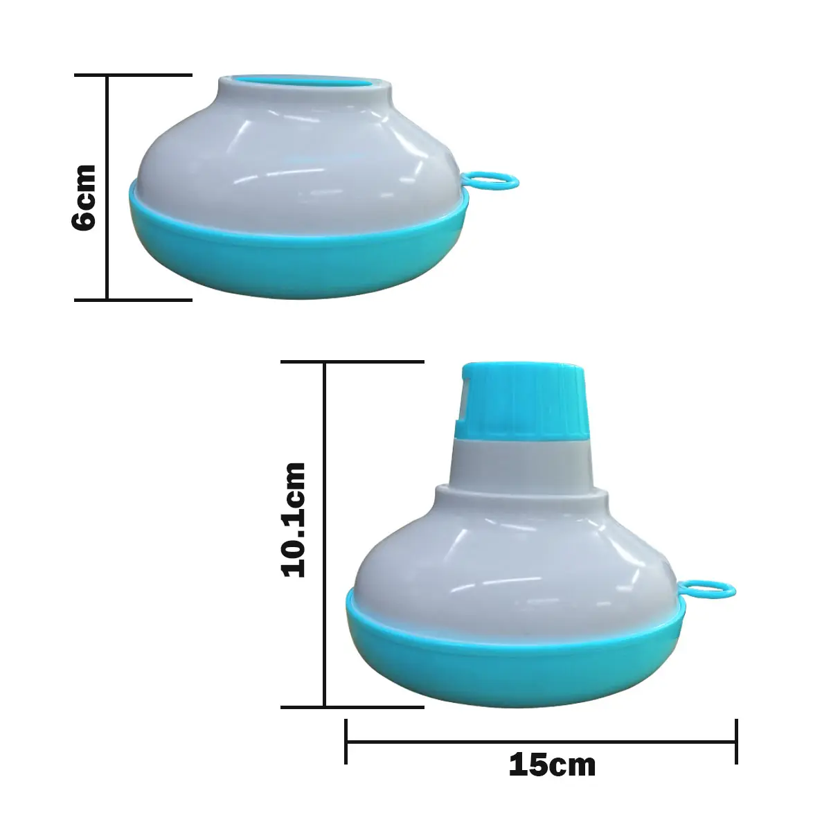 Set x2 dispensador cloro piscina flotante portable: alto 6 cm, abierto 10.1 cm, ancho 15 cm.