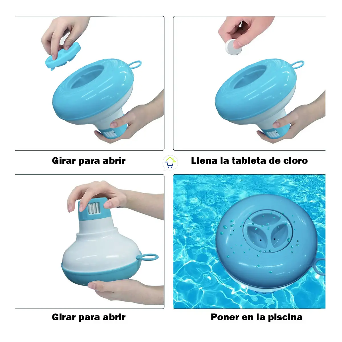 Dispensador de cloro para piscina flotante y portátil, ideal para mantener el agua limpia.