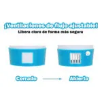 Dispensador de cloro flotante portable para piscina: ventilaciones de flujo ajustable, abierto y cerrado.
