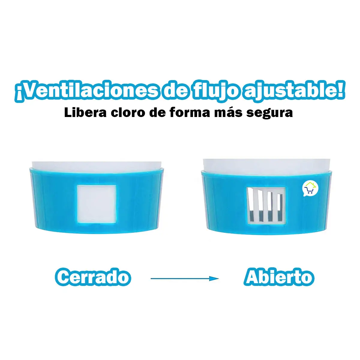 Dispensador de cloro flotante portable para piscina: ventilaciones de flujo ajustable, abierto y cerrado.