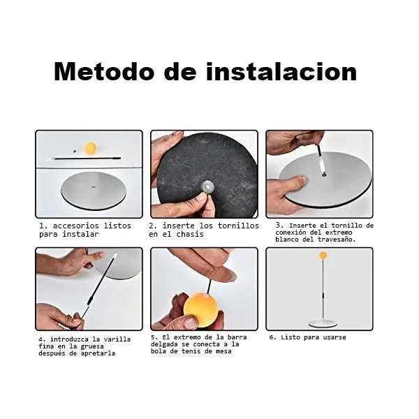 Entrenador de tenis de mesa: instalación paso a paso, desde accesorios listos hasta listo para usarse.
