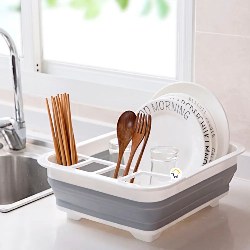 Escurridor plegable para platos, cubiertos y vasos con diseño moderno y funcional.