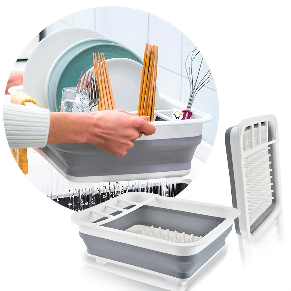 Escurridor de platos plegable con compartimentos para cubiertos y vasos, ideal para secar vajilla.