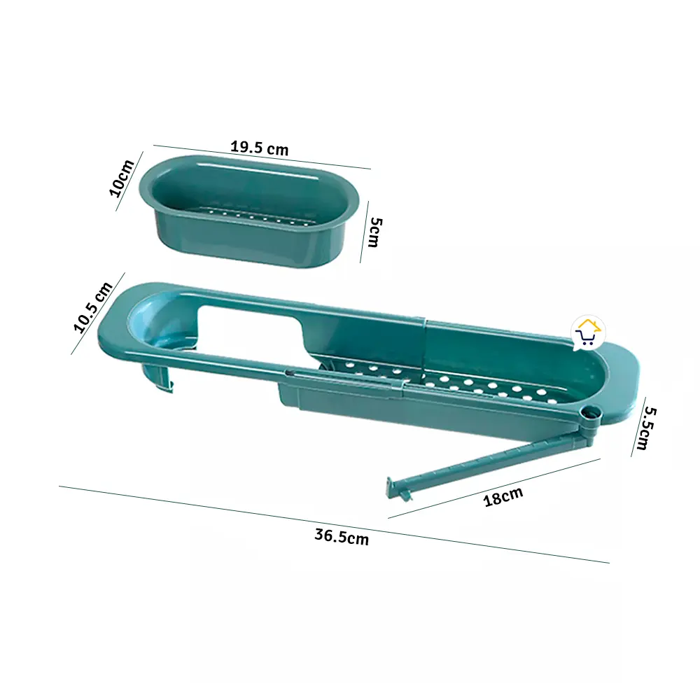 Escurridor plegable telescópico para cocina, cesta de drenaje y almacenamiento, verde, con medidas.
