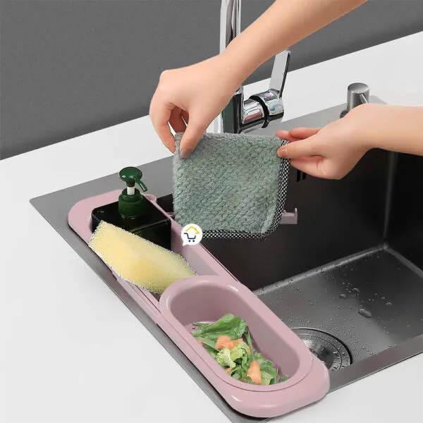 Escurridor plegable y cesta de drenaje para almacenar alimentos y esponjas en la cocina.
