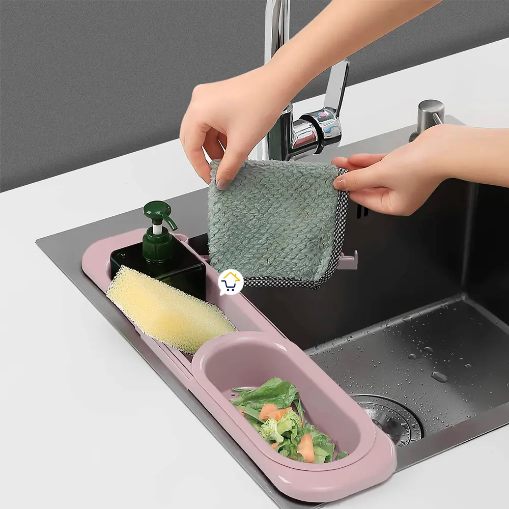 Escurridor plegable y cesta de drenaje para almacenar alimentos y esponjas en la cocina.