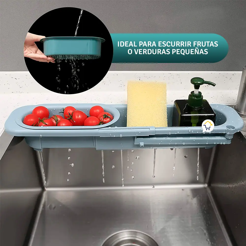 Escurridor plegable para cocina con tomates, esponja y dispensador de jabón sobre lavaplatos.