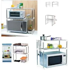 Estante organizador de cocina para microondas, doble nivel, con accesorios y espacio de almacenamiento.