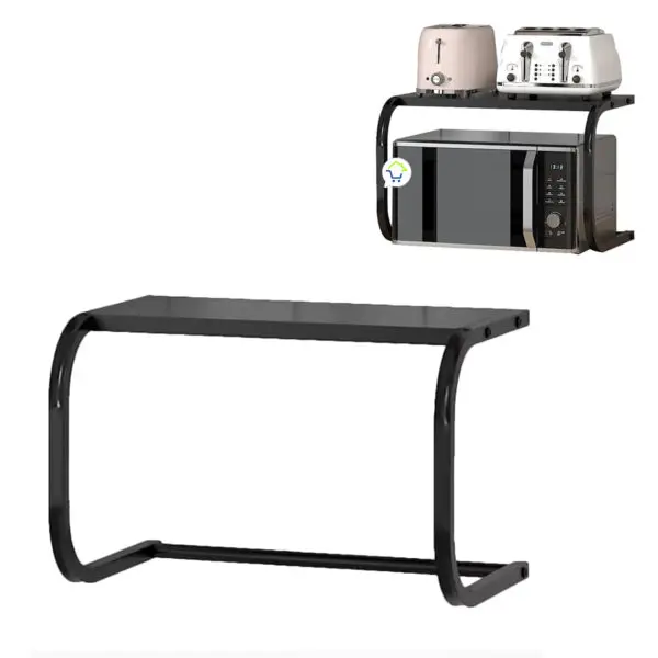 Estante organizador negro para horno microondas y repisa de dos niveles con tostadoras.