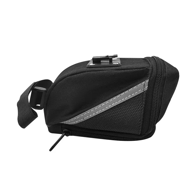 Alforja negra para sillín de bicicleta, con sujeción y cremallera, ideal para celular.