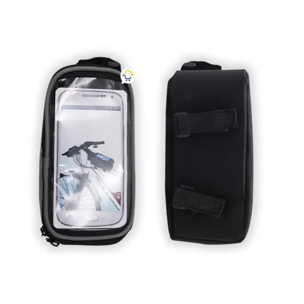 Estuche alforja impermeable para bicicleta con pantalla táctil para celular.