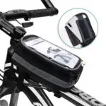 Alforja impermeable para bicicleta con visor táctil para celular, ideal para ciclismo.
