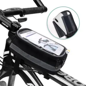 Alforja impermeable para bicicleta con visor táctil para celular, ideal para ciclismo.