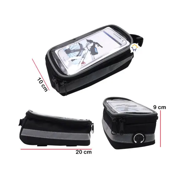 Estuche alforja impermeable para bicicleta con soporte para celular, 20x9x10 cm.