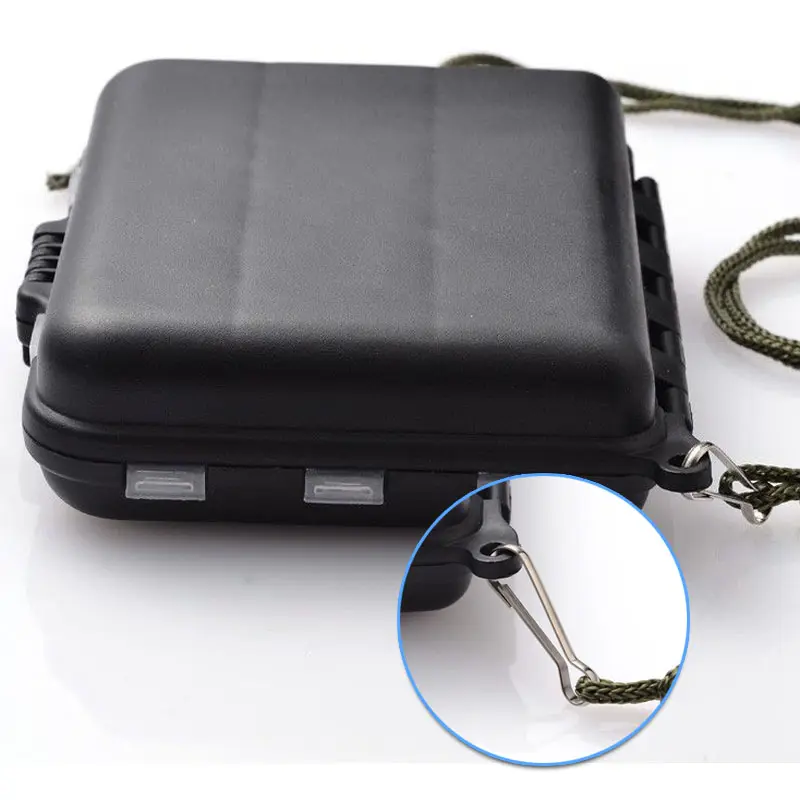 Estuche duro para anzuelos y señuelos de pesca, con tapa resistente y gancho de sujeción.
