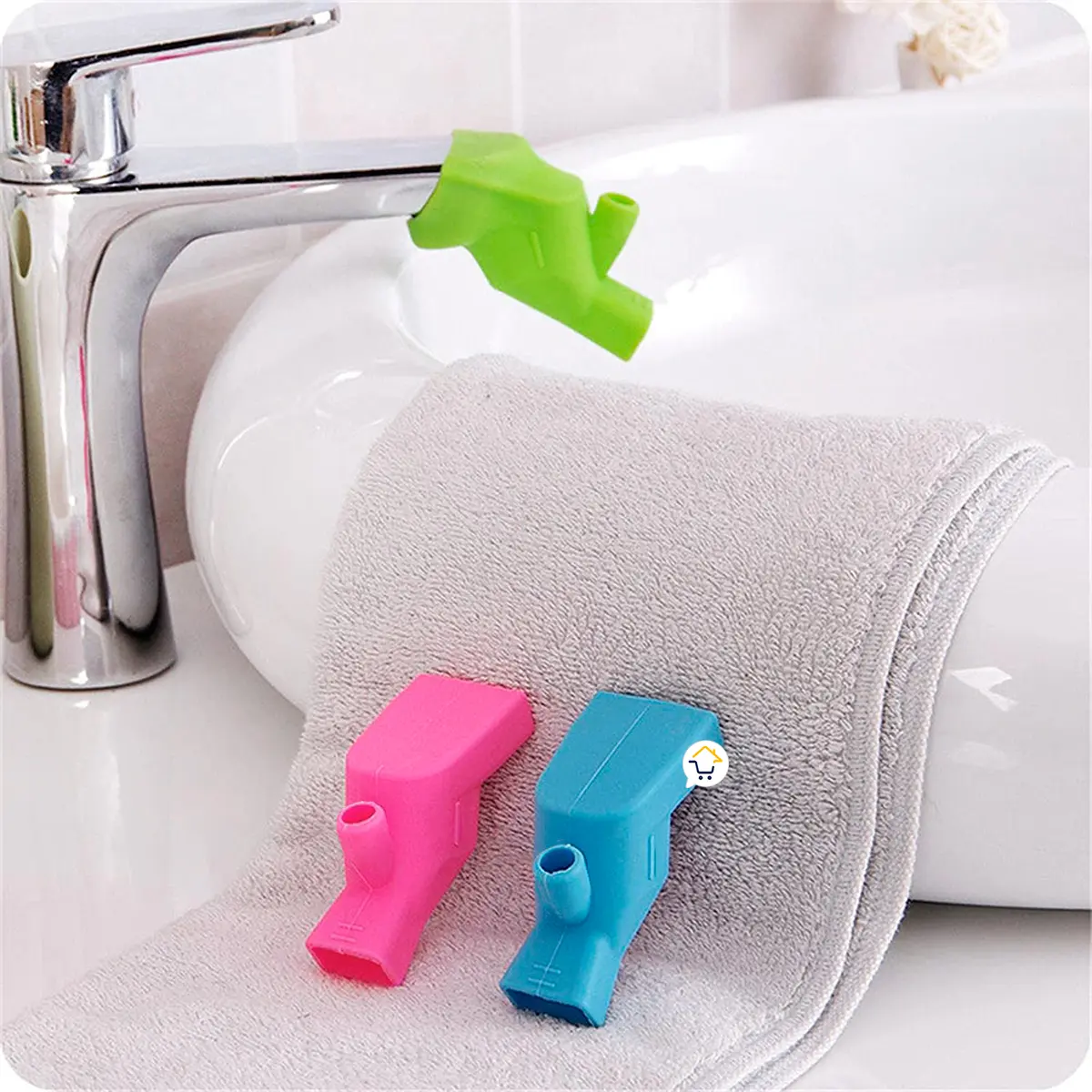 Set x4 extensores de grifo de silicona para niños. Extensión portátil rosa, azul y verde.