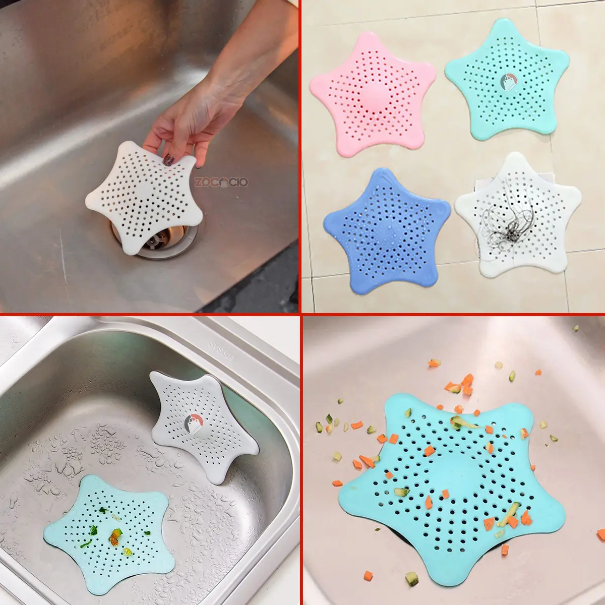Set de 8 filtros de silicona en forma de estrella para drenaje de lavaplatos, atrapan pelo y residuos.