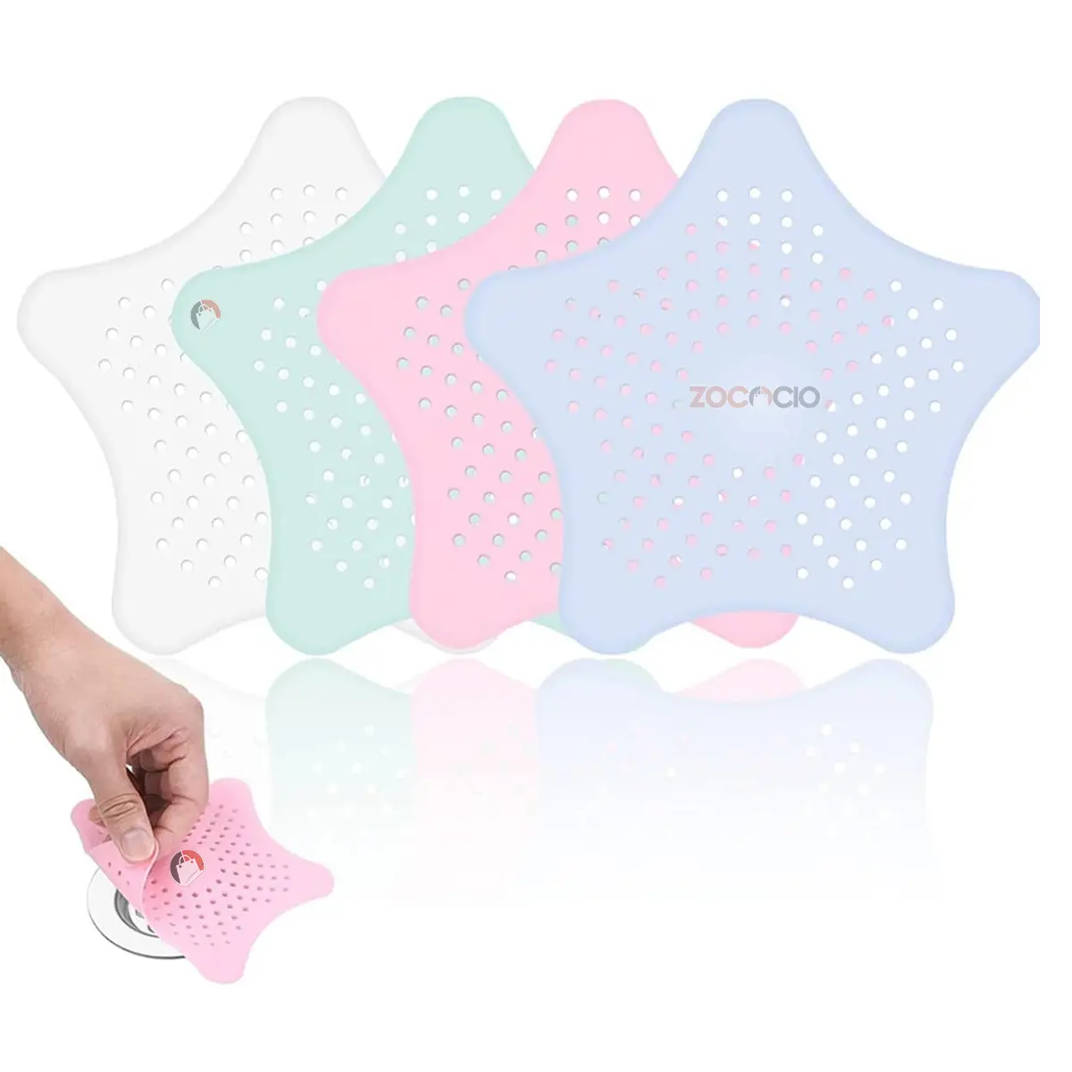 Set x8 filtros de silicona en forma de estrella, atrapa pelo y residuos en desagües.