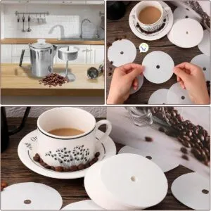 Filtros de papel para cafetera, set x200, naturales y desechables, con granos de café.