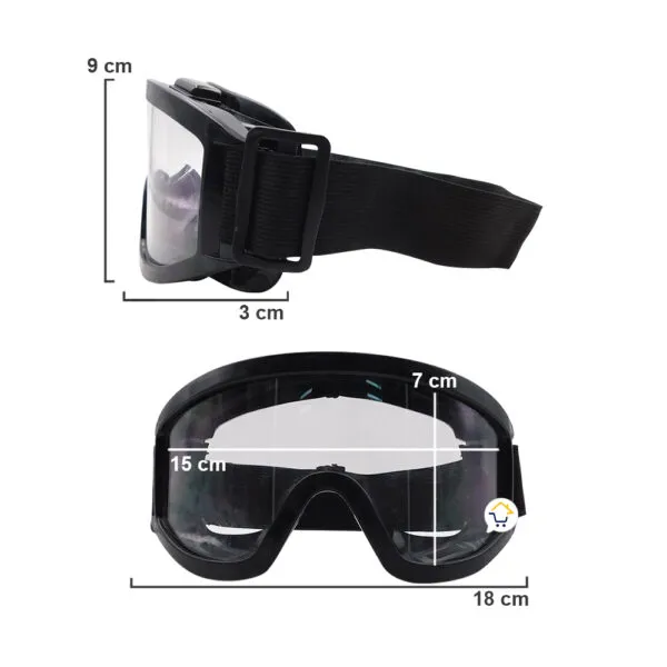 Gafas de motocross transparentes, ajustables y anti-fluido, con medidas de 9x3 cm y 18x7 cm.