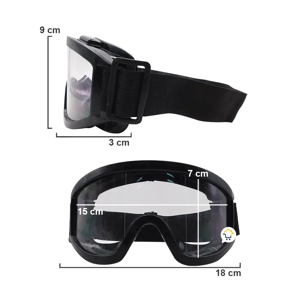Gafas de motocross transparentes, ajustables y anti-fluido, con medidas de 9x3 cm y 18x7 cm.