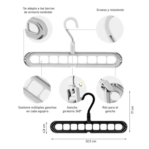 Set x5 ganchos ahorradores de espacio para organizar ropa en closet, giratorios y resistentes.