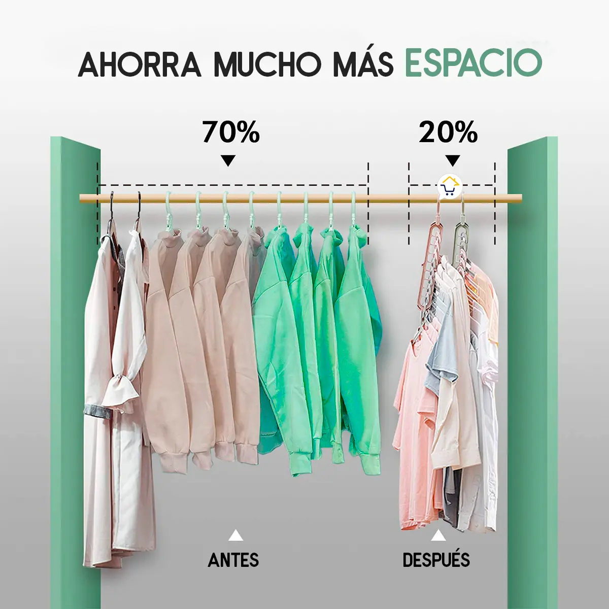 Set de 5 ganchos ahorradores de espacio para organizar ropa en el closet, optimizando el espacio.