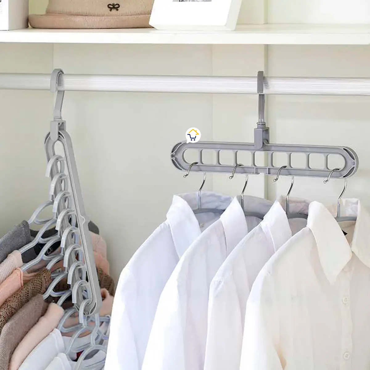 Set de 5 ganchos organizadores de ropa ahorra espacio en el closet, con 9 huecos cada uno para colgar prendas verticalmente.