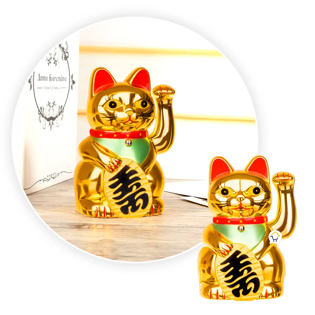 Gato Maneki Neko dorado con mano móvil, figura decorativa de la suerte para atraer prosperidad.