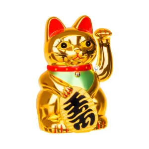 Gato de la suerte dorado Maneki Neko con símbolo de fortuna y mano móvil, figura decorativa.