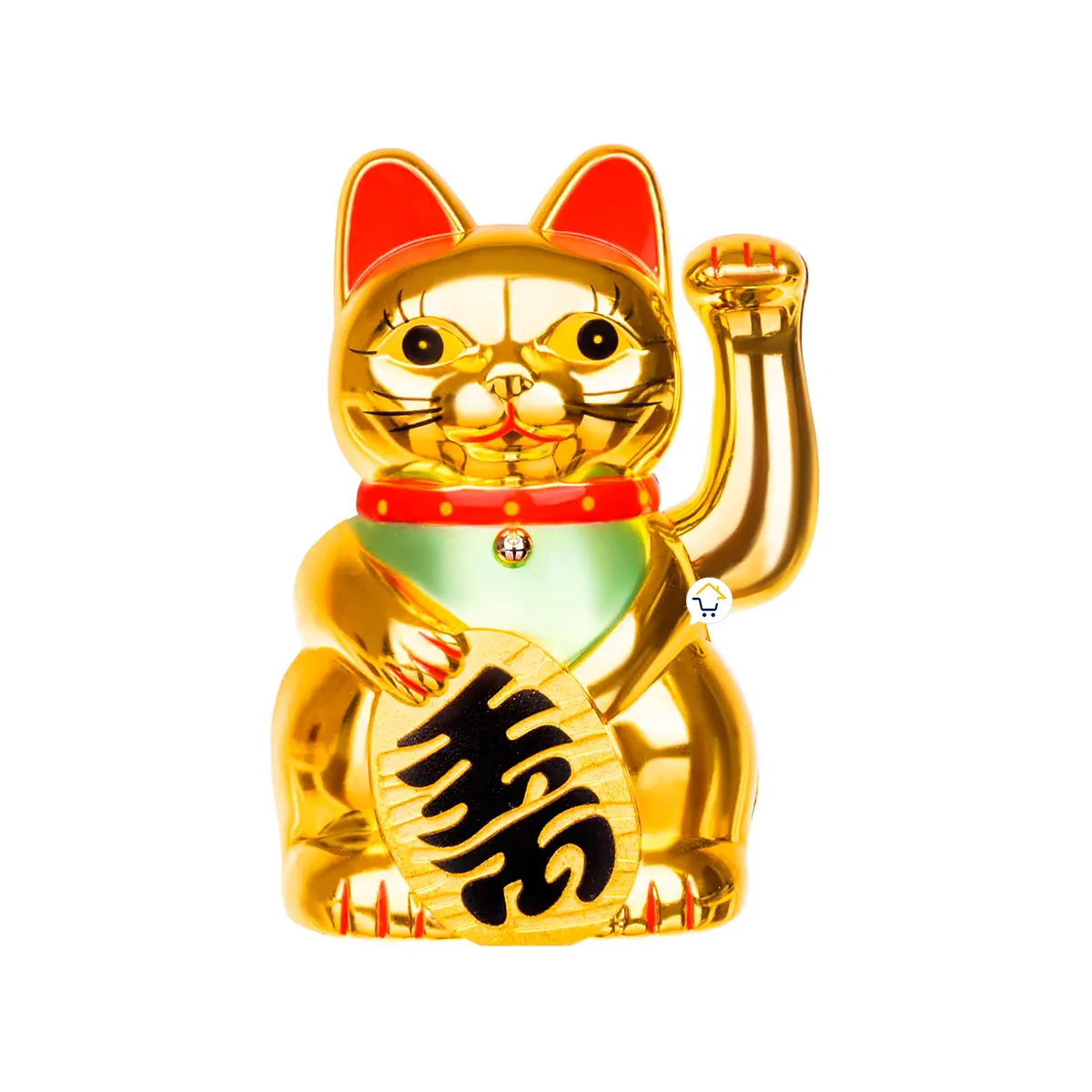 Gato de la suerte dorado Maneki Neko con mano levantada y símbolo de prosperidad.