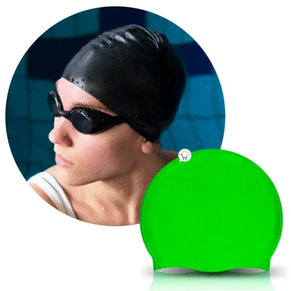 Set x2 gorros de natación en silicona verde, resistentes y durables, ideal para piscinas.