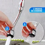 Grifo ahorrador agua flexible ecualizable universal en acción, mostrando modos de chorro.