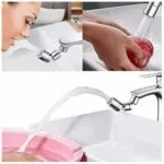 Grifo giratorio ahorrador de agua multifuncional lavando fruta y cara en lavamanos.