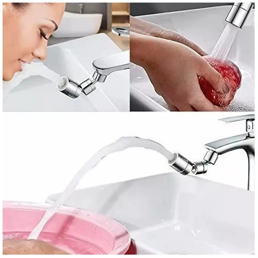 Grifo giratorio ahorrador de agua multifuncional lavando fruta y cara en lavamanos.