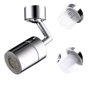 Grifo giratorio rociador de agua multifuncional cromado con chorro ajustable y aireador.