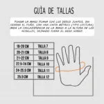 Guía de tallas de guantes de arquero con medidas en cm y tallas en números, con silueta de mano.