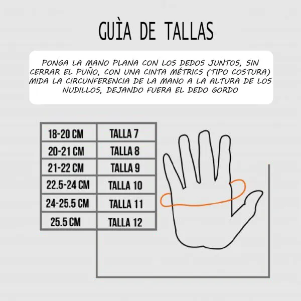 Guía de tallas de guantes de arquero con medidas en cm y tallas en números, con silueta de mano.