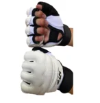 Guantes de Taekwondo de artes marciales blancos y negros con dedos expuestos.