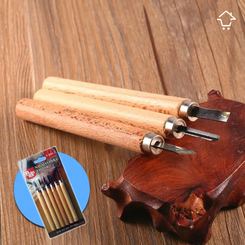 Set de 6 gubias para tallar madera, jabón y cerámica con mangos de madera.