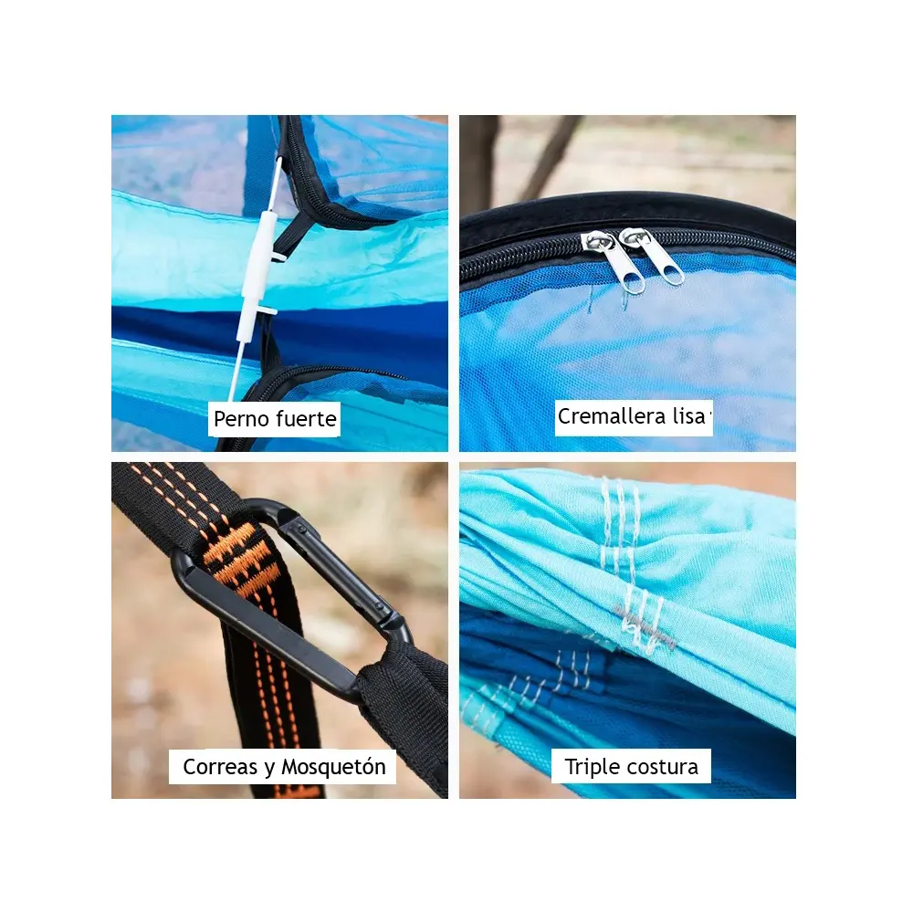 Hamaca de nylon con mosquitero, perno fuerte, cremallera lisa, correas y mosquetón, triple costura.