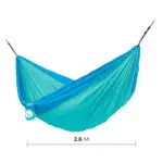Hamaca de camping portátil 2.6M azul turquesa y azul, ideal para viajes y campamento.