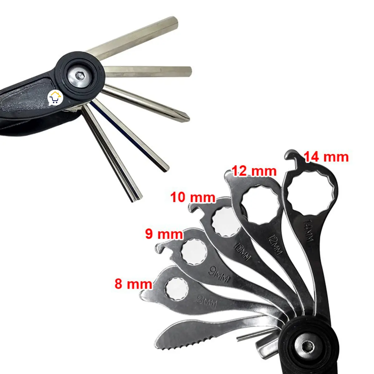 Herramienta multiusos 15 en 1 portable para camping y ciclismo, con llaves hexagonales y fijas.