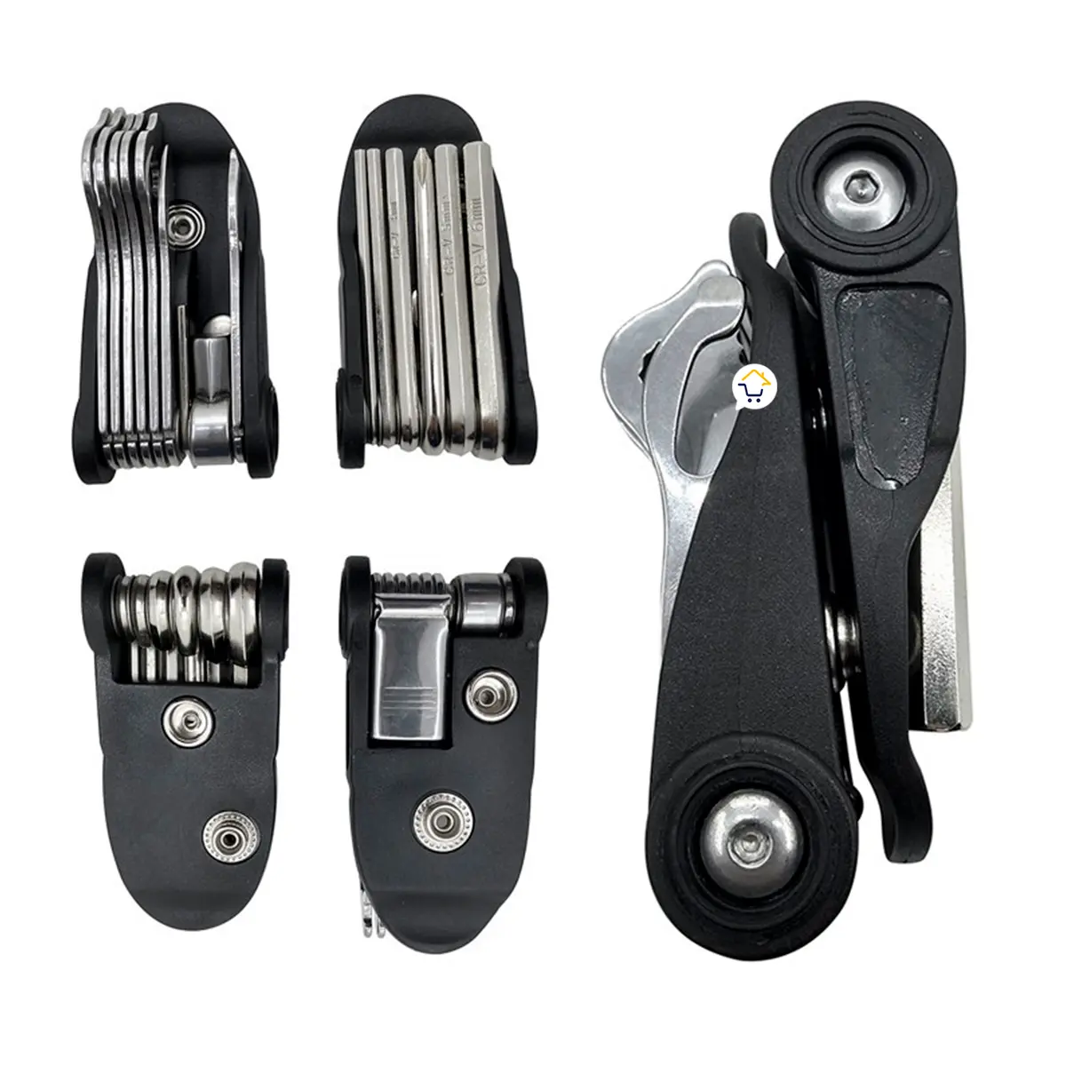 Herramienta multiusos 15 en 1 para ciclismo y camping, compacta y portátil.