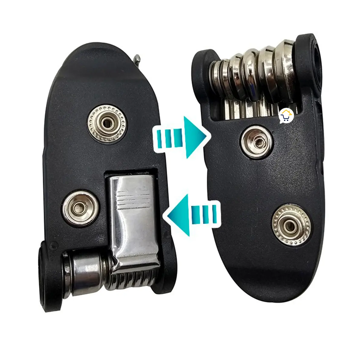 Herramienta multiusos 15 en 1 portátil para camping y ciclismo, con múltiples broches y clip metálico.