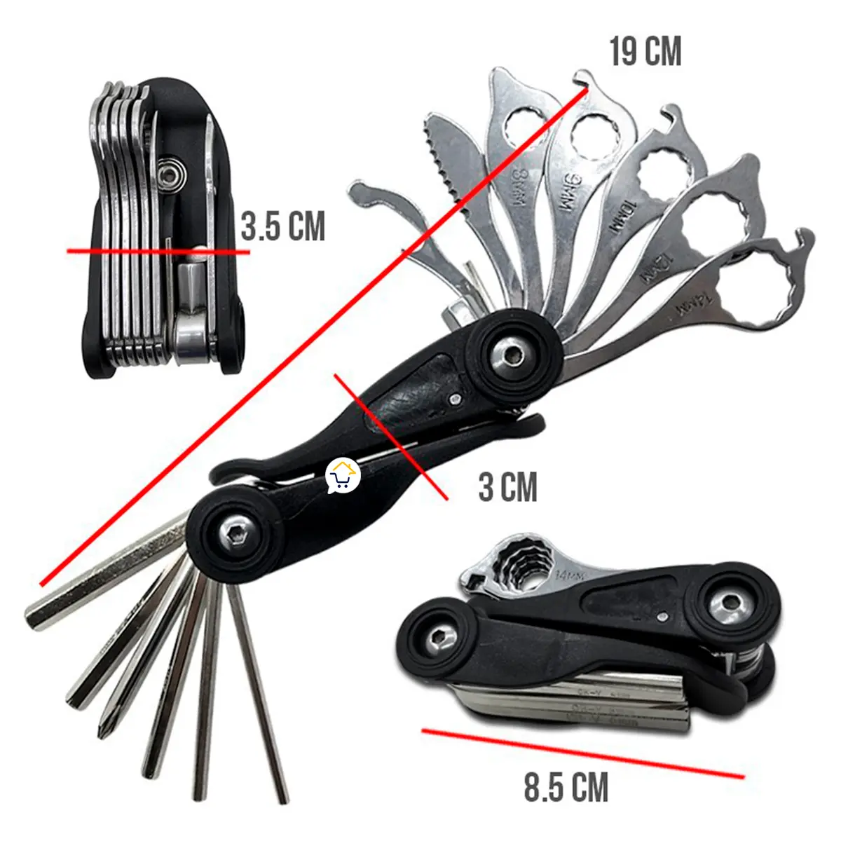 Herramienta multiusos 15 en 1 para ciclismo y camping con llaves hexagonales y destornilladores.