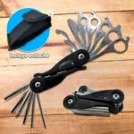 Herramienta multiusos 15 en 1 para ciclismo, camping y reparaciones, con estuche incluido.