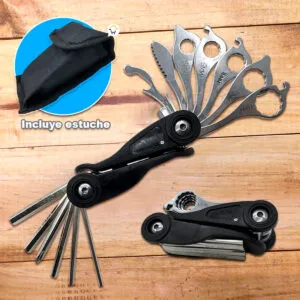 Herramienta multiusos 15 en 1 para ciclismo, camping y reparaciones, con estuche incluido.