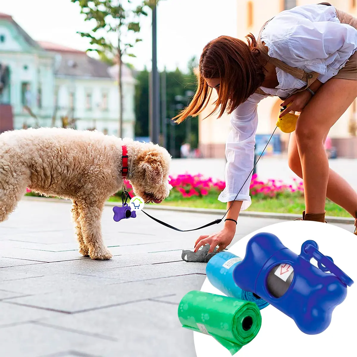 Set de 4 dispensadores de bolsas para perros con forma de hueso y 5 rollos de bolsas, ideal para paseos.